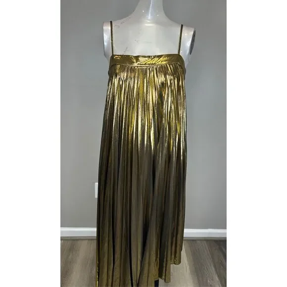 Milly Gold metallic Pleated Midi Dress Sz 10 - Picture 4 of 11